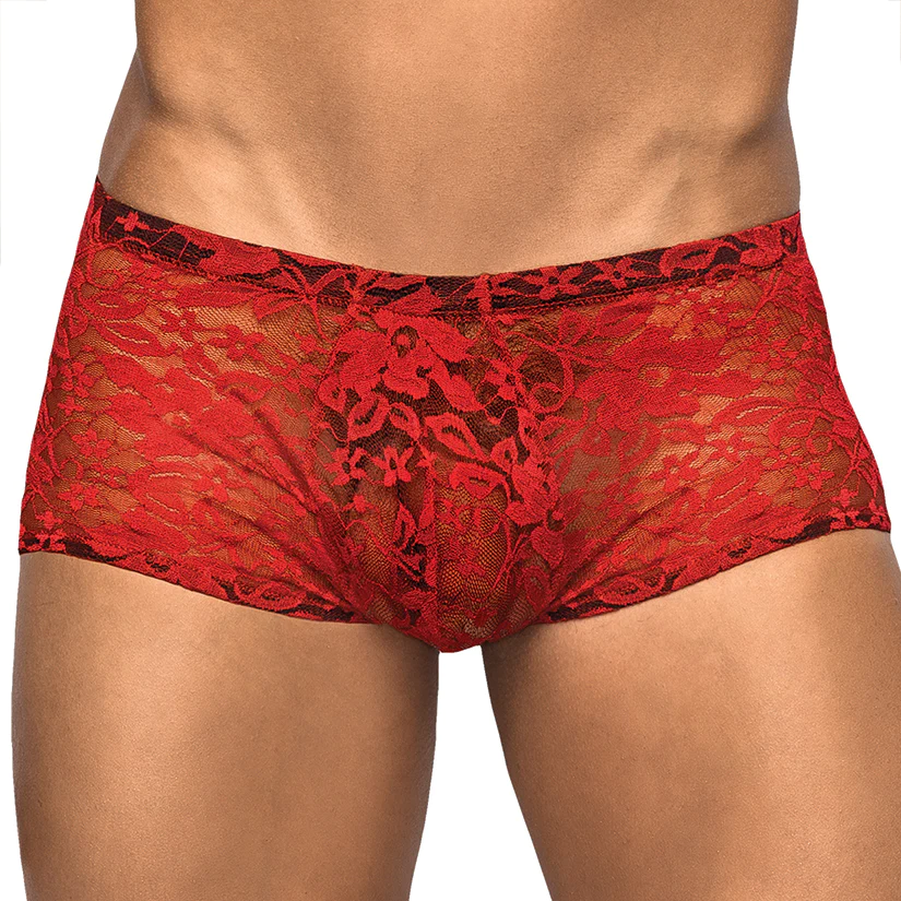 Male Power Stretch Lace Mini Short-Red